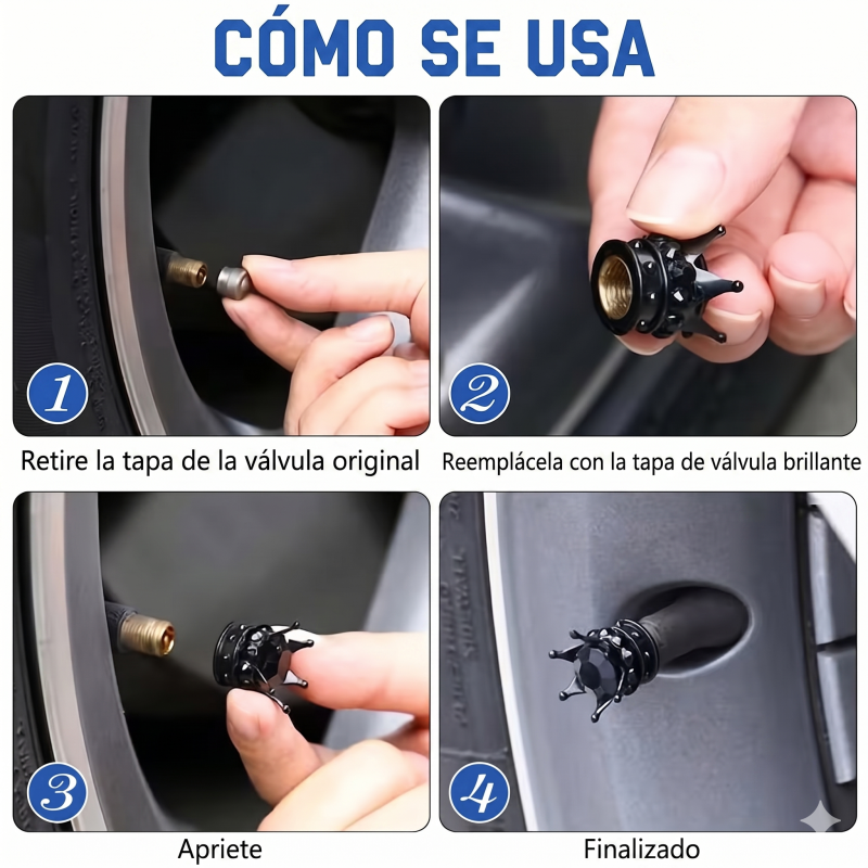 Tapones De Válvula Para Ruedas Corona Negra x4 Unidades