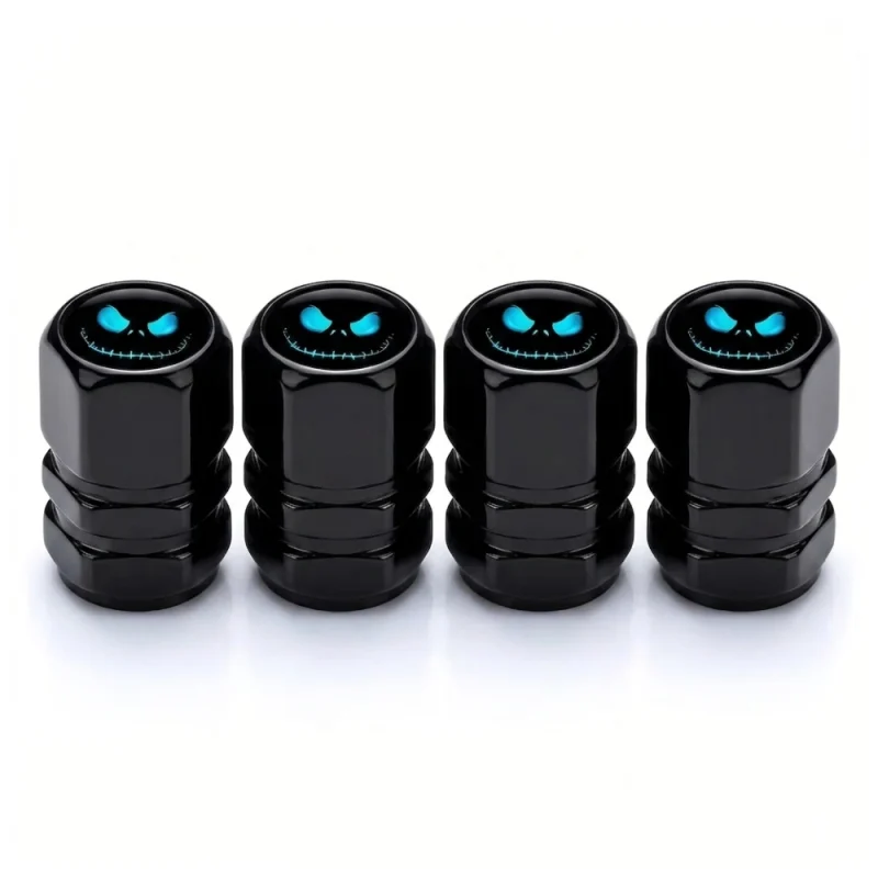 Tapones De Válvula Para Ruedas Aluminio Negro con Cara Celeste x4 Unidades