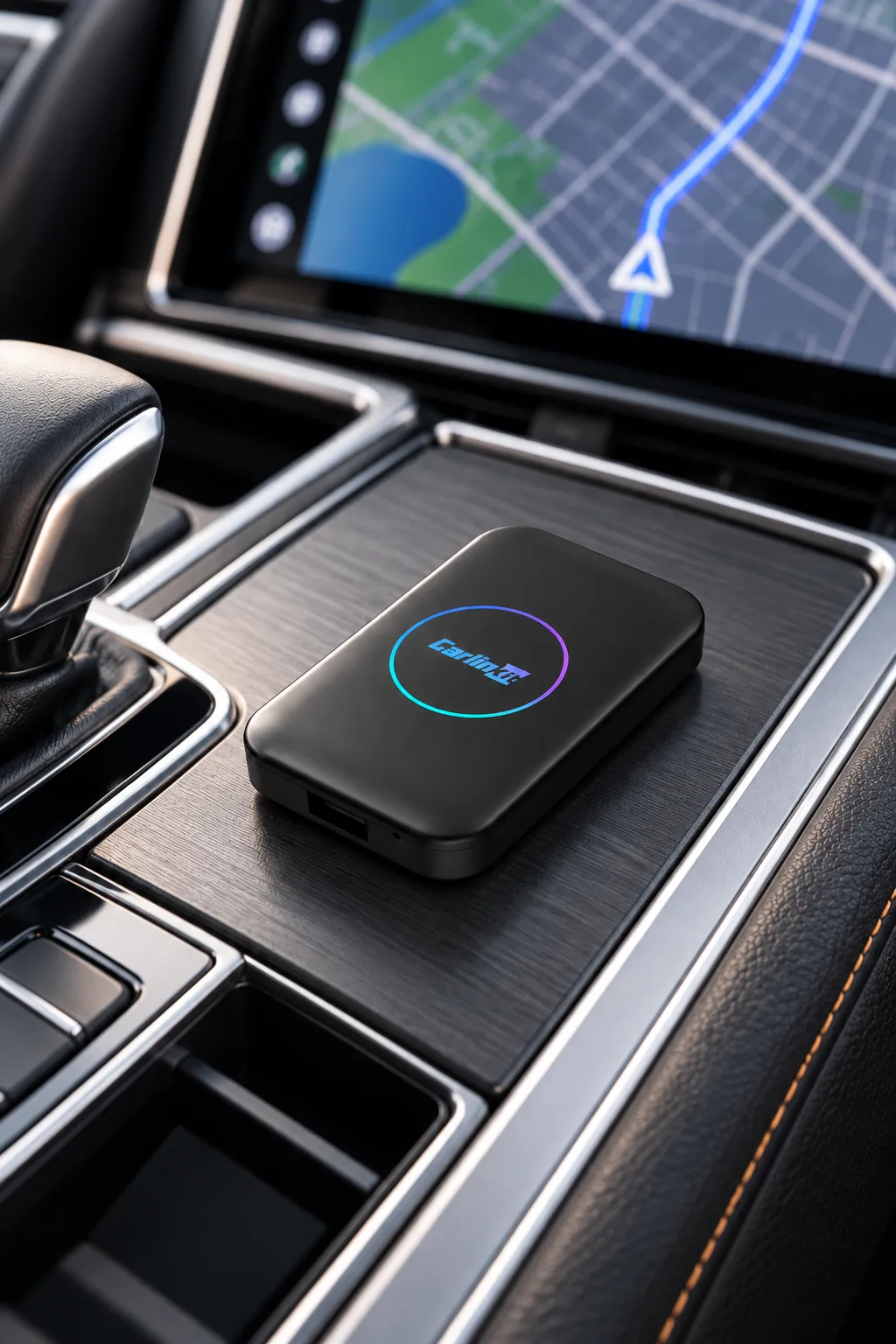 Adaptador Carlinkit en la consola de un auto, con el mapa en la pantalla